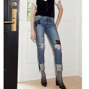 Joe's The Smith Straight Ankle Jeans Blue Denim Applique Ripped Size 27